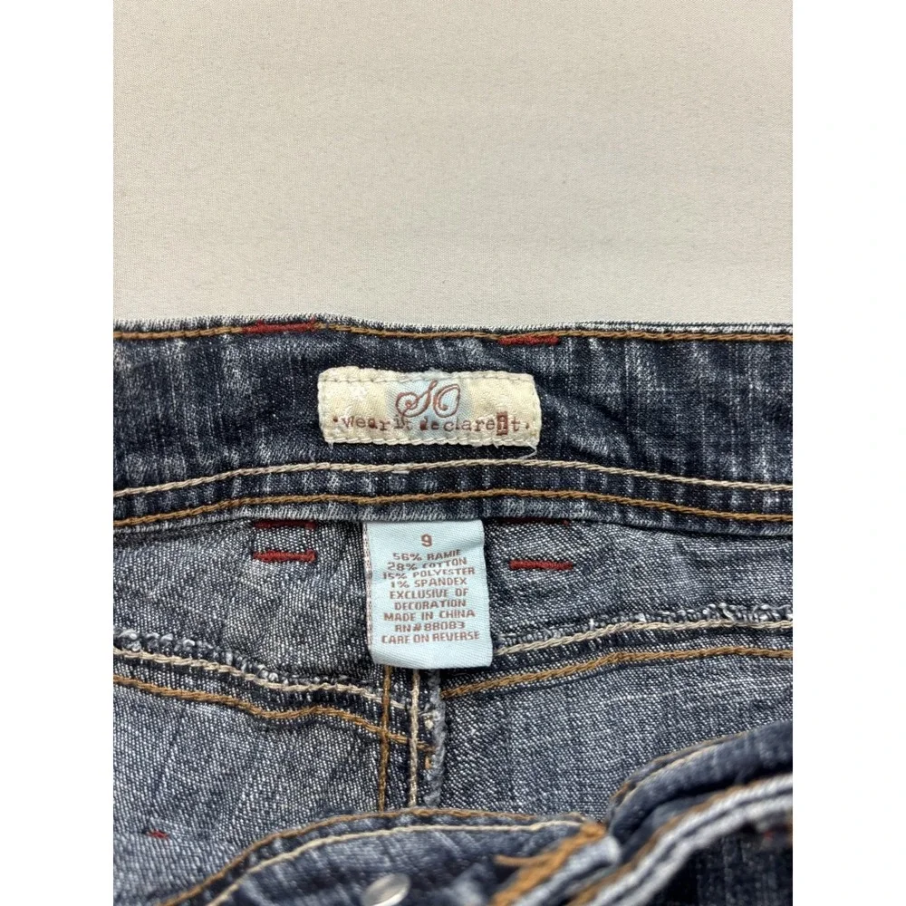 Wear It Declare It Womens Low Rise Flare Jeans Dark Wash Blue Embroidered Size 9